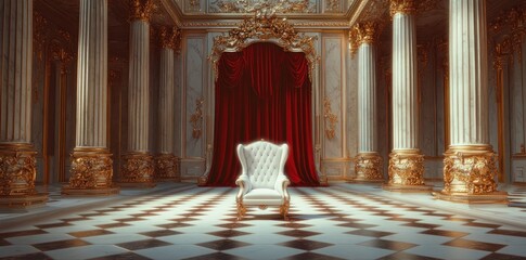 Solitary white tufted throne centered on a black and white marble checkerboard floor in an opulent gilded palace hall with towering marble columns and red velvet drapery, majestic and dramatic