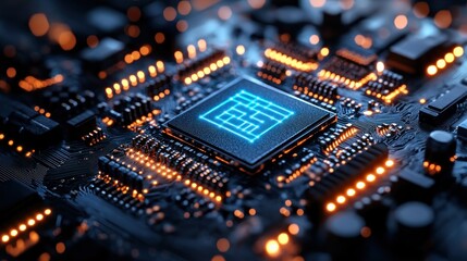 Close up glowing microchip on dark circuit board with neon blue processor and orange indicator lights conveying futuristic high tech energy