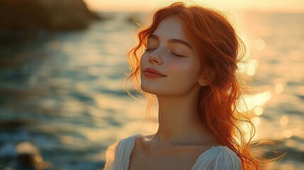 red haired woman in white dress standing by the sea at sunset with golden backlight, calm contemplative and dreamy mood