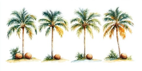 four watercolor palm trees with coconuts and small coastal shrubs on sandy patches, serene relaxed tropical scene with warm sunlit foliage on a white background