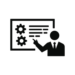 Man pointing at whiteboard presentation with gears and financial charts, concept of business growth and strategy, vector art on white background