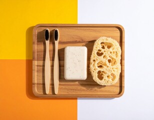 Eco friendly bathroom accessories including two wooden toothbrushes bar of soap and natural loofah sponge on tray