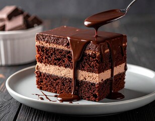 Decadent chocolate layer cake served on gray plate with rich dark ganache sauce pouring from spoon over moist sponge and creamy mousse filling placed against dark rustic wooden tabletop background