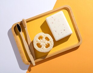 Sustainable oral hygiene set featuring bamboo toothbrushes soap bar and porous loofah placed on yellow tray background