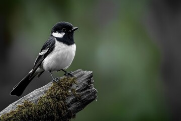 small black-and-white songbird perched on a moss-covered weathered log in a soft green forest, calm and alert