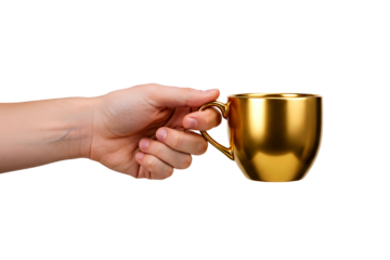 Hand holding golden coffee cup against white background isolated on transparent background