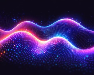 Mesmerizing undulating neon particle waves forming a glowing digital landscape with vibrant purple, pink and blue gradients, evoking futuristic motion and depth