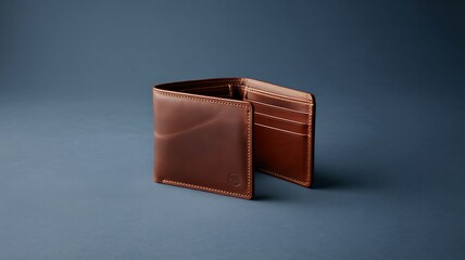 Brown leather wallet with card slots open against a blue background