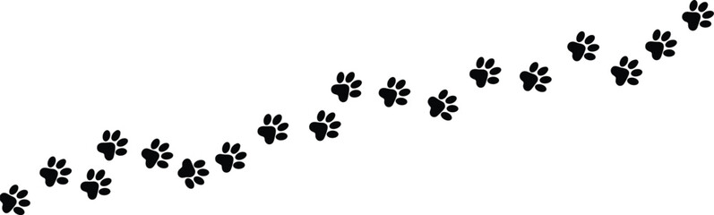 Animal paw prints silhouette, dog cat footprints trail, pet tracking path, minimal black vector illustration, isolated white background design, art