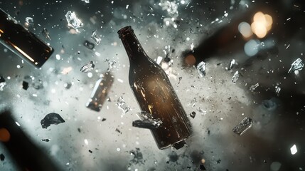 Explosion of shattered glass bottles suspended mid-air, crystal-clear glass fragments bursting outward, sharp shards frozen in motion, dramatic high-speed photography style, dark studio background, in