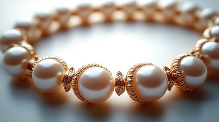 Close-up of lustrous white pearls linked by ornate gold settings on a blurred surface, evoking elegance, luxury, and timeless sophistication