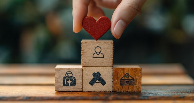 Hand placing a small red heart on stacked wooden blocks engraved with a person icon and symbols for healthcare, tools and home, conveying care and support - Powered by Adobe