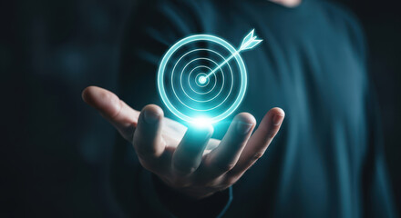 Fototapeta premium Goal Achievement Demonstrated with Target Aiming for Success and Hitting Objectives on Business Development Strategy with Hand Presentation
