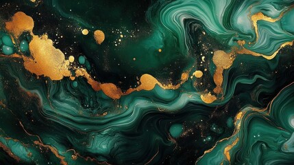 emerald and teal marbled swirls with metallic gold veins and splatters over deep black, luxurious flowing motion evoking mystery and elegance