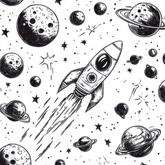 hand-drawn rocket soaring through a starry field of planets, moons, ringed worlds and comets, evoking adventurous wonder and motion