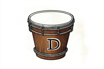 illustrated wooden drum with white drumhead, metal tension rods and a bold capital letter on its side, evoking warm nostalgic charm