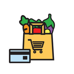 Food from supermarket. Paper bag with fresh grocery products. Online store concept. Vector illustration.