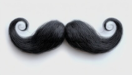 black hairy handlebar mustache with curled tips on white background, playful whimsical mood