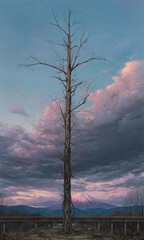 A solitary, weathered tree stands sentinel against a dramatic twilight sky, framed by a distant mountain range.