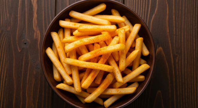 Golden crispy french fries with seasoning in a dark bowl, ready to be enjoyed on a rustic wooden surface