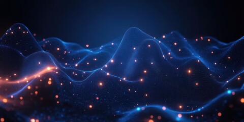 calm luminous blue mesh waves with glowing orange particles and dotted grid peaks in a futuristic digital landscape evoking wonder and serenity