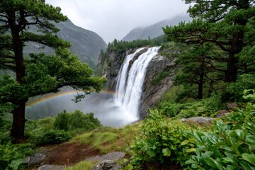 Fototapeta premium Waterfall cascading through green forest creating rainbow