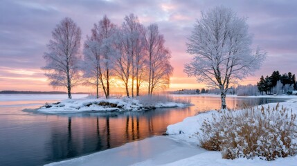 Frozen winter landscape with hoar frost trees reflecting sunset