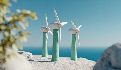 Three small, stylized wind turbines stand on a light beige rocky outcrop overlooking a tranquil ocean.