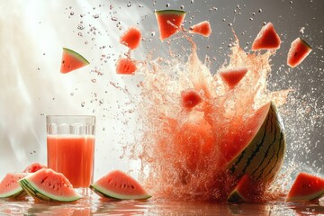 half watermelon exploding into a dramatic splash with flying slices and droplets beside a glass of fresh watermelon juice conveying a refreshing energetic summer vibe