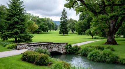 Obraz premium Stone bridge spanning stream in lush green park