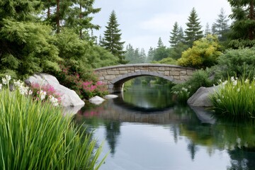 Fototapeta premium Stone bridge arching over river in evergreen forest