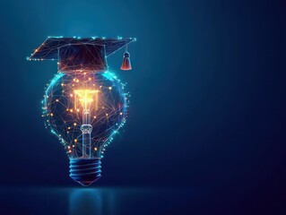 glowing digital light bulb wearing a graduation cap with tassel, wireframe nodes and filament aglow on a dark blue background conveying inspiration and academic achievement