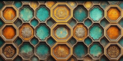 intricate octagonal wooden panels with carved floral medallions, quatrefoil openings and turquoise and gold aged patina forming a repeating geometric wall design evoking warmth and timeless elegance