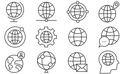 Globe icon vector set. World icon flat set, Earth icons. Outline icon of earth, globe, world symbol design for app, logo, web, internet and more. Vector illustration.