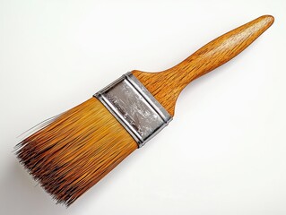wooden-handled paintbrush with worn metal ferrule and golden bristles on white background, evoking practical creativity