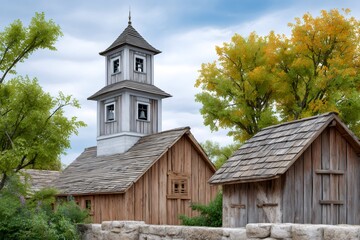 Wooden church bell tower with autumn trees