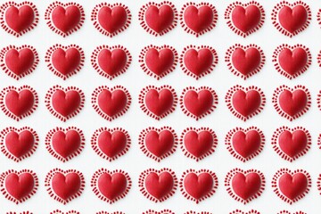 grid of red textured hearts with dotted halo on white background, playful romantic repeating pattern in rows and columns
