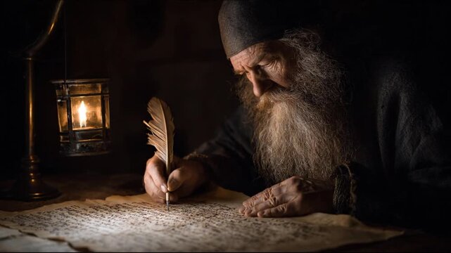 A lone bearded scriber labors by candlelight, quill poised over parchment, shadows humming softly