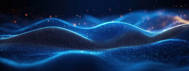 undulating blue dotted mesh waves forming a digital terrain with glowing orange sparks and soft bokeh, serene futuristic atmosphere