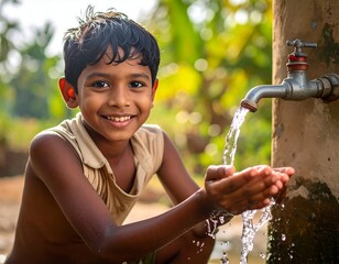 Smiling child washing hands with fresh water from a faucet outdoors