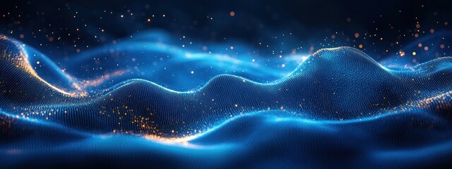 Undulating blue digital mesh waves dotted with golden particles and glowing highlights, a serene futuristic sparkling data landscape