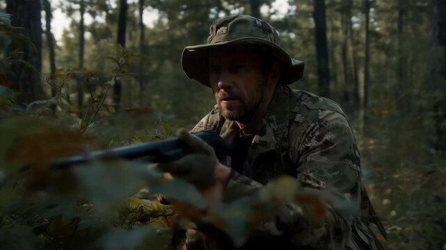Man With Rifle Waits in Forest During Hunt While Observing Surroundings for Movement and Signs of Wildlife