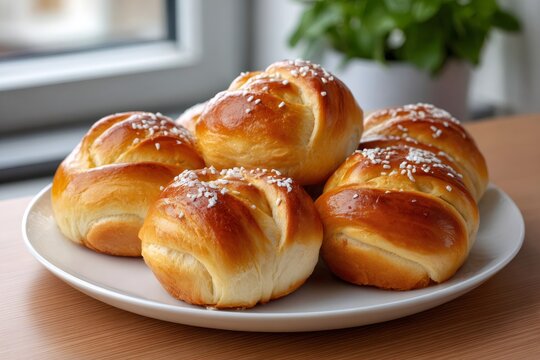 Freshly baked sweet rolls with pearl sugar for breakfast