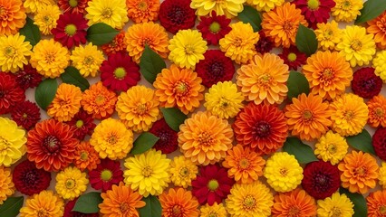 Vibrant autumn floral background with densely packed orange, yellow, and red marigolds creating a warm, textured, and festive seasonal pattern

