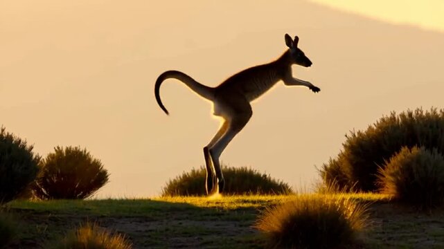 young kangaroo hopping near bushy terrain. It tries a long jump, lands awkwardly, hops backward, shakes tail, then tries again confidently. video