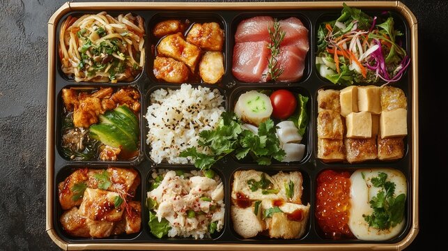 A delicious and diverse bento box with various dishes like fish, meat, vegetables, and rice.