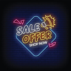 sale offer neon signboard with brick wall background vector