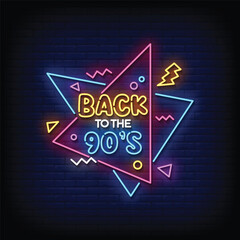 back to the 90s neon signboard with brick wall background vector