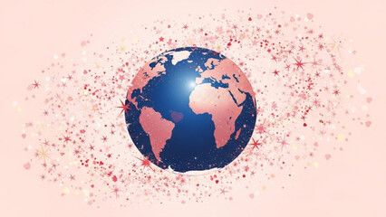 Vibrant pink and blue globe with sparkling stars on light pink background, symbolizing global celebration and unity