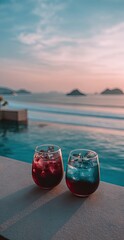 Two colorful cocktails with ice sit by a tranquil pool overlooking a serene ocean vista at sunset.